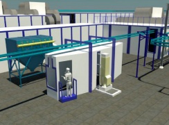 Камера автоматического нанесения порошковой краски автоматическими манипуляторами с ручной докраской на Линии катафорезной и порошковой окраски SPK-KTL. 