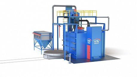 Дробеметная установка тупикового типа с поворотным столом, монорельсом и системой доочистки отливок SPK D