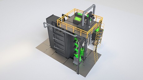 Дробеметная установка тупикового типа с подвесной системой транспортировки заготовок и камерой ручной доочистки SPK DMK – P-spec серии PROFI LINE 