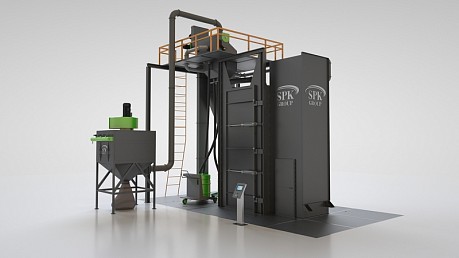 Дробеметная установка тупикового типа с подвесной системой транспортировки заготовок и камерой ручной доочистки SPK DMK – P-spec серии PROFI LINE 